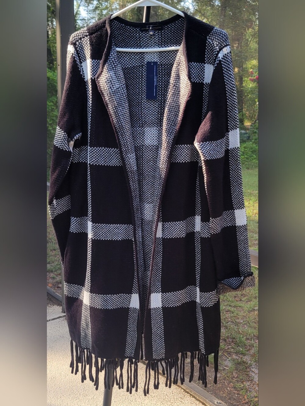 Adrienne Vittadini NWT Plaid Fringe Open Front Cardigan Sweater Black White L